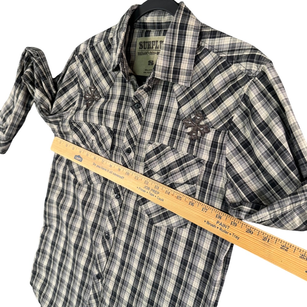 Surplus Mens Plaid Pearl‎ Snap Western Shirt Embroidered Y2K Gorpcore Utility S - Picture 5 of 7